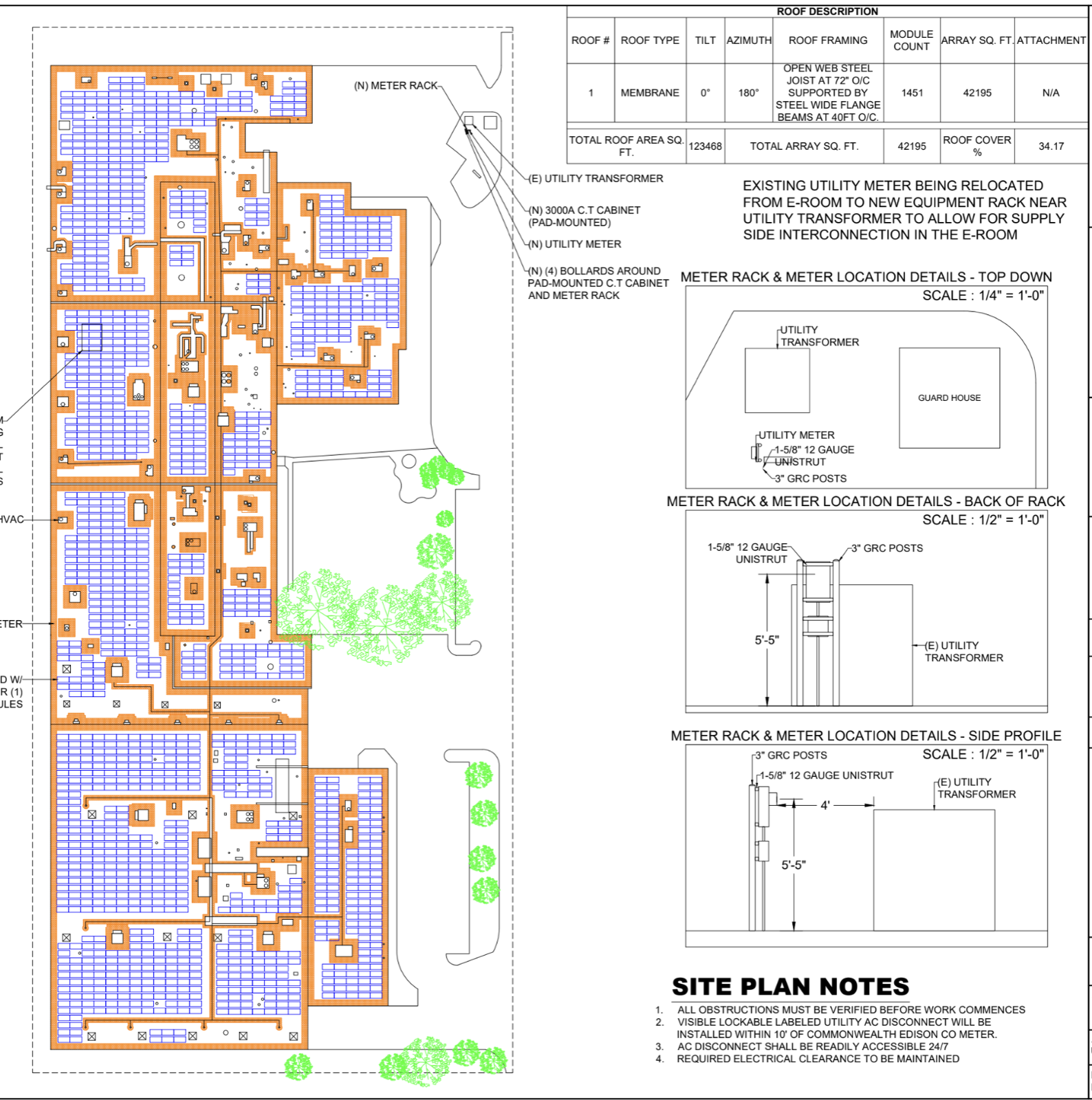 PV engineering site plan from a Green Attic commercial solar project, 1,451 modules across 42,195 square feet of roof