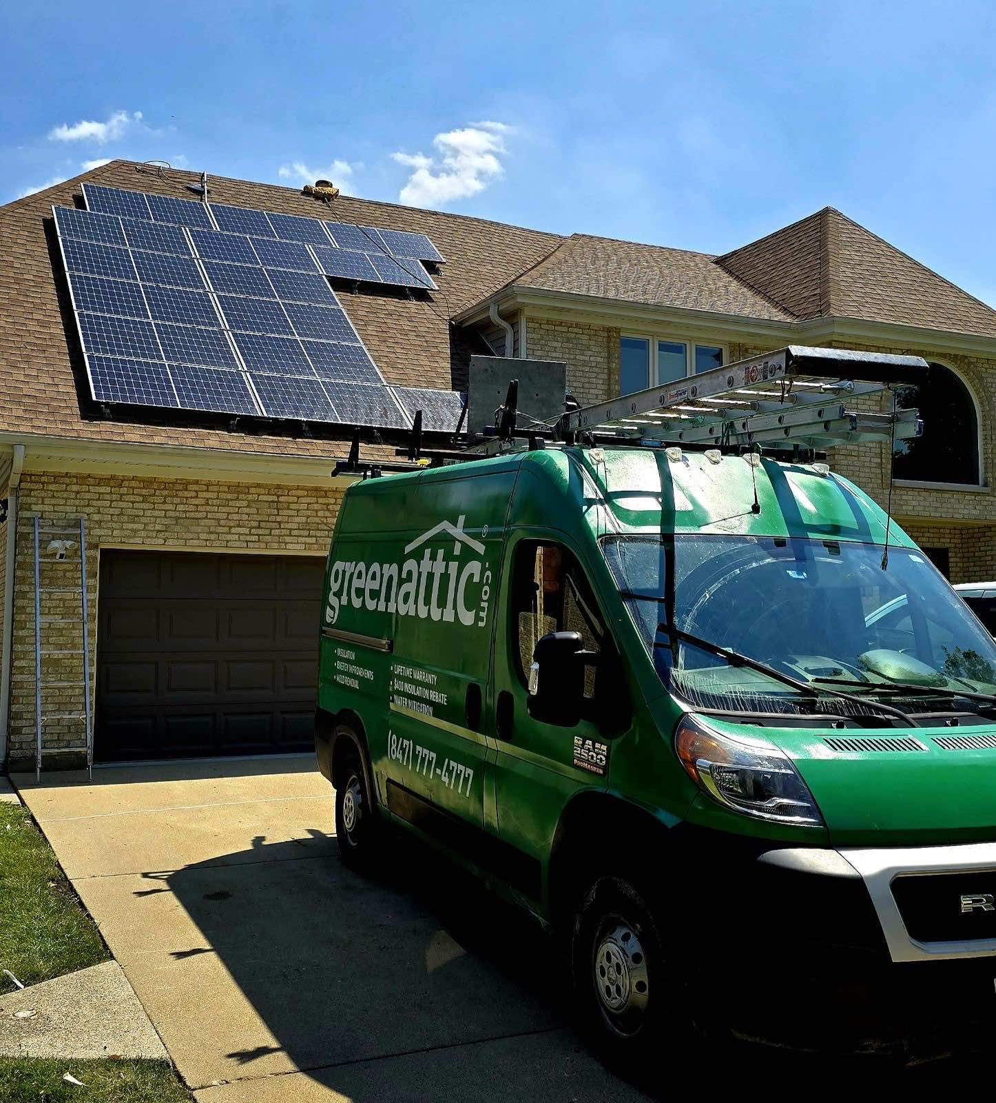 Green Attic van at a Chicagoland home with newly installed black solar panels